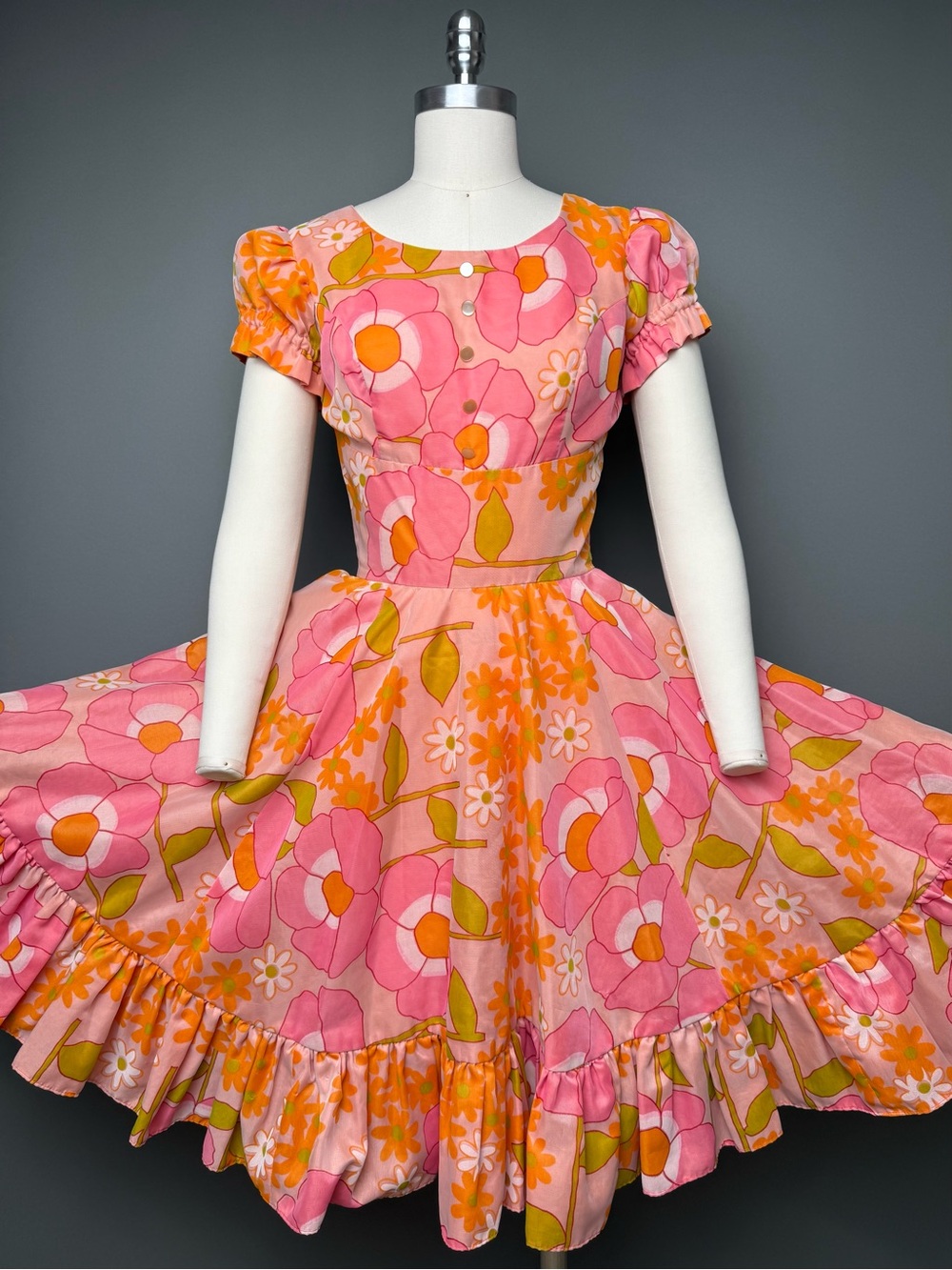Vintage Pink Orange Flower Puff Sleeve Ruffle Full Circle Square Dancing Dress